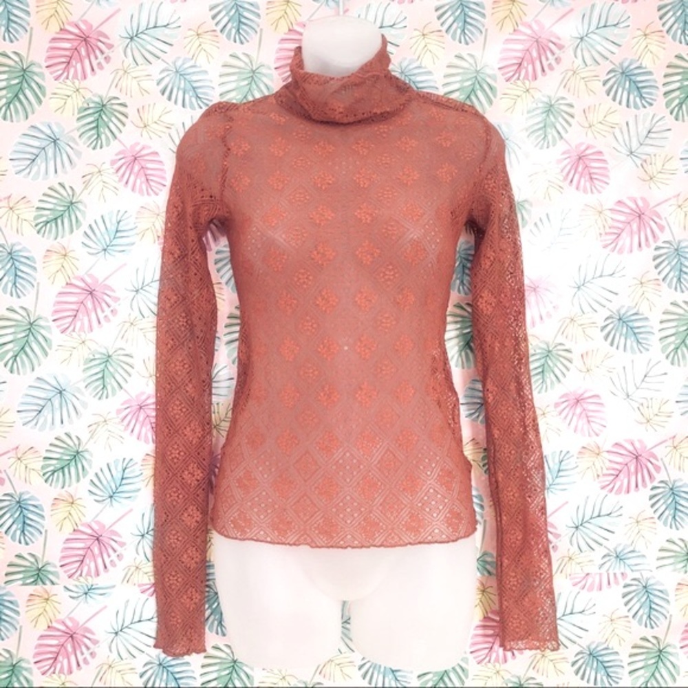 FREE PEOPLE RUST ORANGE LACE MOCK NECK BLOUSE XS